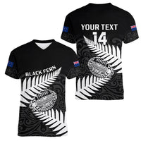 Personalised Aotearoa Rugby Women V Neck T Shirt Go Black Fern Pacific NZ Maori 2023 - Wonder Print Shop