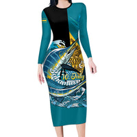 Personalized Bahamas Independence Day Long Sleeve Bodycon Dress Happy 10 July Blue Marlin Coat Of Arms