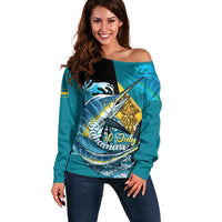 Personalized Bahamas Independence Day Off Shoulder Sweater Happy 10 July Blue Marlin Coat Of Arms