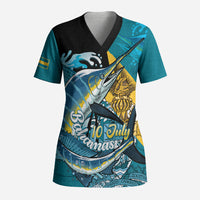 Personalized Bahamas Independence Day Scrub Top Happy 10 July Blue Marlin Coat Of Arms