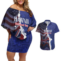 Personalized Hawaii Statehood Day Couples Matching Off Shoulder Short Dress and Hawaiian Shirt 66th Anniversary - Wonder Print Shop