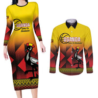 Uganda Basketball Custom Couples Matching Long Sleeve Bodycon Dress and Long Sleeve Button Shirt Come On Silverbacks African Pattern - Wonder Print Shop