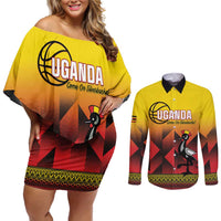 Uganda Basketball Custom Couples Matching Off Shoulder Short Dress and Long Sleeve Button Shirt Come On Silverbacks African Pattern - Wonder Print Shop