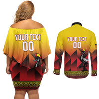 Uganda Basketball Custom Couples Matching Off Shoulder Short Dress and Long Sleeve Button Shirt Come On Silverbacks African Pattern - Wonder Print Shop