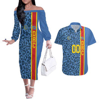 DR Congo Basketball Custom Couples Matching Off The Shoulder Long Sleeve Dress and Hawaiian Shirt Come On Leopards Skin Pattern - Wonder Print Shop