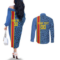 DR Congo Basketball Custom Couples Matching Off The Shoulder Long Sleeve Dress and Long Sleeve Button Shirt Come On Leopards Skin Pattern - Wonder Print Shop