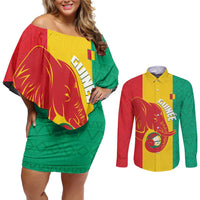 Guinea Basketball Custom Couples Matching Off Shoulder Short Dress and Long Sleeve Button Shirt Syli Nationale African Pattern - Wonder Print Shop