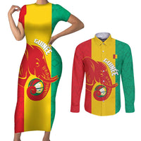 Guinea Basketball Custom Couples Matching Short Sleeve Bodycon Dress and Long Sleeve Button Shirt Syli Nationale African Pattern - Wonder Print Shop