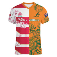 Australia and Japan Rugby Custom Women V-Neck T-Shirt Wallabies Brave Blossoms Together