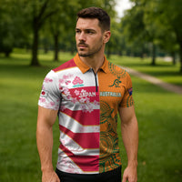 Australia and Japan Rugby Custom Zipper Polo Shirt Wallabies Brave Blossoms Together