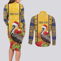 Personalized Barbados Christmas Couples Matching Long Sleeve Bodycon Dress and Long Sleeve Button Shirt Bajan Xmas Brown Pelican Santa - Wonder Print Shop