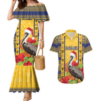Personalized Barbados Christmas Couples Matching Mermaid Dress and Hawaiian Shirt Bajan Xmas Brown Pelican Santa - Wonder Print Shop