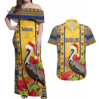 Personalized Barbados Christmas Couples Matching Off Shoulder Maxi Dress and Hawaiian Shirt Bajan Xmas Brown Pelican Santa - Wonder Print Shop