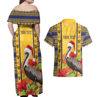 Personalized Barbados Christmas Couples Matching Off Shoulder Maxi Dress and Hawaiian Shirt Bajan Xmas Brown Pelican Santa - Wonder Print Shop