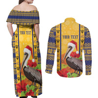Personalized Barbados Christmas Couples Matching Off Shoulder Maxi Dress and Long Sleeve Button Shirt Bajan Xmas Brown Pelican Santa - Wonder Print Shop