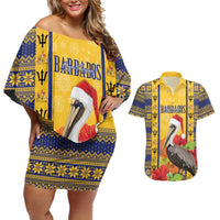 Personalized Barbados Christmas Couples Matching Off Shoulder Short Dress and Hawaiian Shirt Bajan Xmas Brown Pelican Santa - Wonder Print Shop