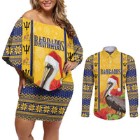 Personalized Barbados Christmas Couples Matching Off Shoulder Short Dress and Long Sleeve Button Shirt Bajan Xmas Brown Pelican Santa - Wonder Print Shop