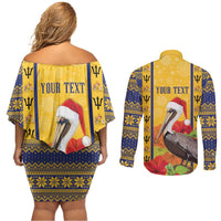 Personalized Barbados Christmas Couples Matching Off Shoulder Short Dress and Long Sleeve Button Shirt Bajan Xmas Brown Pelican Santa - Wonder Print Shop