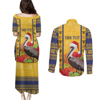 Personalized Barbados Christmas Couples Matching Puletasi and Long Sleeve Button Shirt Bajan Xmas Brown Pelican Santa - Wonder Print Shop