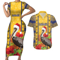 Personalized Barbados Christmas Couples Matching Short Sleeve Bodycon Dress and Hawaiian Shirt Bajan Xmas Brown Pelican Santa - Wonder Print Shop