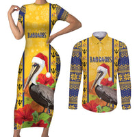 Personalized Barbados Christmas Couples Matching Short Sleeve Bodycon Dress and Long Sleeve Button Shirt Bajan Xmas Brown Pelican Santa - Wonder Print Shop