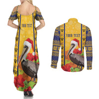 Personalized Barbados Christmas Couples Matching Summer Maxi Dress and Long Sleeve Button Shirt Bajan Xmas Brown Pelican Santa - Wonder Print Shop
