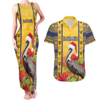 Personalized Barbados Christmas Couples Matching Tank Maxi Dress and Hawaiian Shirt Bajan Xmas Brown Pelican Santa - Wonder Print Shop