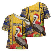 Personalized Barbados Christmas Cross Shoulder Shirt Bajan Xmas Brown Pelican Santa - Wonder Print Shop
