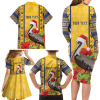 Personalized Barbados Christmas Family Matching Long Sleeve Bodycon Dress and Hawaiian Shirt Bajan Xmas Brown Pelican Santa - Wonder Print Shop