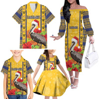 Personalized Barbados Christmas Family Matching Off The Shoulder Long Sleeve Dress and Hawaiian Shirt Bajan Xmas Brown Pelican Santa - Wonder Print Shop
