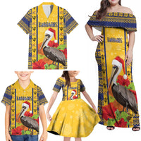 Personalized Barbados Christmas Family Matching Off Shoulder Maxi Dress and Hawaiian Shirt Bajan Xmas Brown Pelican Santa - Wonder Print Shop