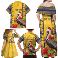 Personalized Barbados Christmas Family Matching Off Shoulder Maxi Dress and Hawaiian Shirt Bajan Xmas Brown Pelican Santa - Wonder Print Shop