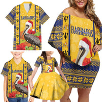 Personalized Barbados Christmas Family Matching Off Shoulder Short Dress and Hawaiian Shirt Bajan Xmas Brown Pelican Santa - Wonder Print Shop