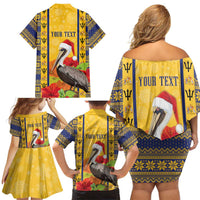 Personalized Barbados Christmas Family Matching Off Shoulder Short Dress and Hawaiian Shirt Bajan Xmas Brown Pelican Santa - Wonder Print Shop