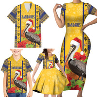 Personalized Barbados Christmas Family Matching Short Sleeve Bodycon Dress and Hawaiian Shirt Bajan Xmas Brown Pelican Santa - Wonder Print Shop