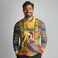 Personalized Barbados Christmas Long Sleeve Polo Shirt Bajan Xmas Brown Pelican Santa - Wonder Print Shop