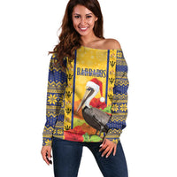 Personalized Barbados Christmas Off Shoulder Sweater Bajan Xmas Brown Pelican Santa - Wonder Print Shop