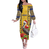 Personalized Barbados Christmas Off The Shoulder Long Sleeve Dress Bajan Xmas Brown Pelican Santa - Wonder Print Shop