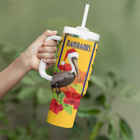 Personalized Barbados Christmas Tumbler With Handle Bajan Xmas Brown Pelican Santa - Wonder Print Shop