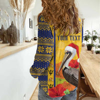 Personalized Barbados Christmas Women Casual Shirt Bajan Xmas Brown Pelican Santa - Wonder Print Shop