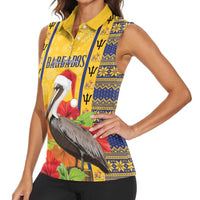 Personalized Barbados Christmas Women Sleeveless Polo Shirt Bajan Xmas Brown Pelican Santa - Wonder Print Shop