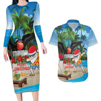 Antigua And Barbuda Christmas Couples Matching Long Sleeve Bodycon Dress and Hawaiian Shirt Magnificent Frigatebird Dabbing Santa - Wonder Print Shop