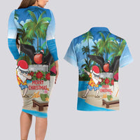 Antigua And Barbuda Christmas Couples Matching Long Sleeve Bodycon Dress and Hawaiian Shirt Magnificent Frigatebird Dabbing Santa - Wonder Print Shop
