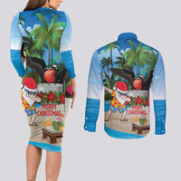 Antigua And Barbuda Christmas Couples Matching Long Sleeve Bodycon Dress and Long Sleeve Button Shirt Magnificent Frigatebird Dabbing Santa - Wonder Print Shop