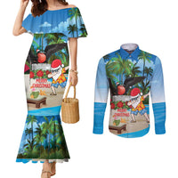 Antigua And Barbuda Christmas Couples Matching Mermaid Dress and Long Sleeve Button Shirt Magnificent Frigatebird Dabbing Santa - Wonder Print Shop