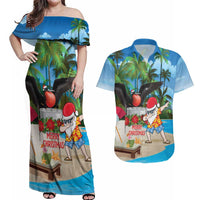 Antigua And Barbuda Christmas Couples Matching Off Shoulder Maxi Dress and Hawaiian Shirt Magnificent Frigatebird Dabbing Santa - Wonder Print Shop