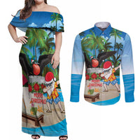 Antigua And Barbuda Christmas Couples Matching Off Shoulder Maxi Dress and Long Sleeve Button Shirt Magnificent Frigatebird Dabbing Santa - Wonder Print Shop