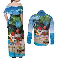 Antigua And Barbuda Christmas Couples Matching Off Shoulder Maxi Dress and Long Sleeve Button Shirt Magnificent Frigatebird Dabbing Santa - Wonder Print Shop