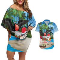 Antigua And Barbuda Christmas Couples Matching Off Shoulder Short Dress and Hawaiian Shirt Magnificent Frigatebird Dabbing Santa - Wonder Print Shop