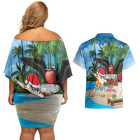 Antigua And Barbuda Christmas Couples Matching Off Shoulder Short Dress and Hawaiian Shirt Magnificent Frigatebird Dabbing Santa - Wonder Print Shop